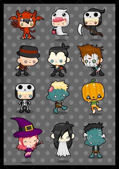 Cartoon Halloween Characters In Various Poses