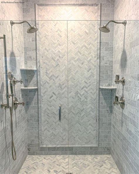 Gray Herringbone Tile Shower Accent Wall Soul And Lane