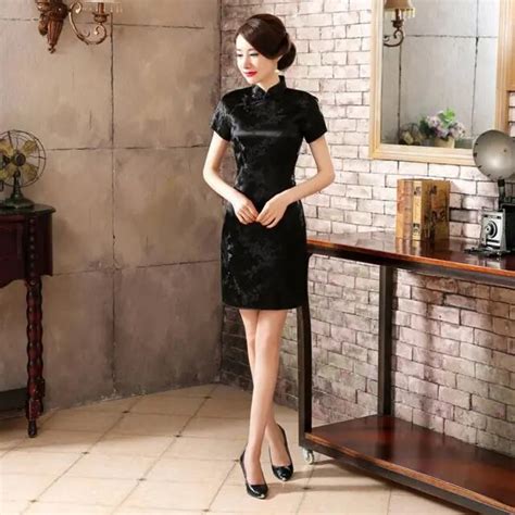high fashion black chinese lady satin cheongsam summer new short qipao vintage sexy evening