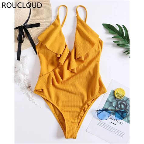 buy yellow solid one piece swimsuit women ruffle swimwear female v neck