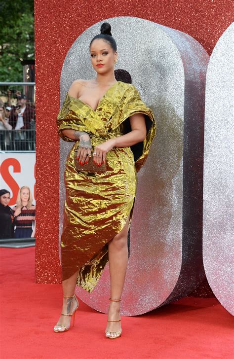 rihanna wore a sexy gold dress by pioret rihanna s gold dress at ocean s 8 premiere in london