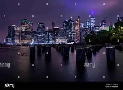 Night Views On Lower Manhattan From Brooklyn Bridge Park Stock Photo