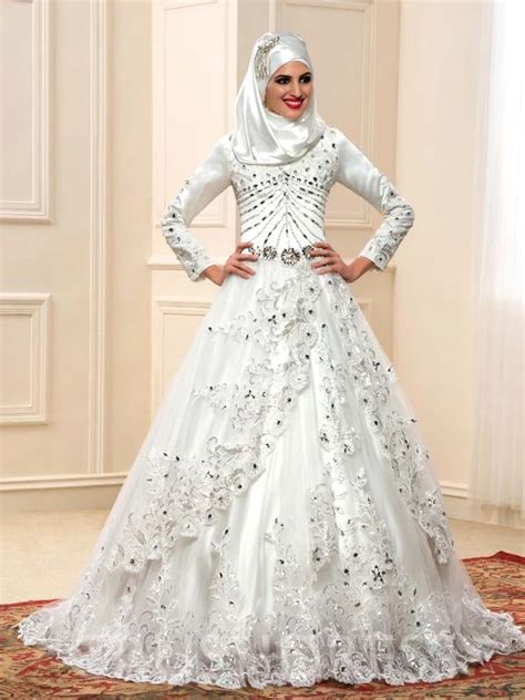 Aijingyu white muslim dress long train gowns turkey casual tulle pleated ball gown discount designer wedding dresses. High Neck A-Line Floor-Length Long Sleeves Church Wedding ...