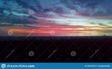 Red Sunset View Gorgeous Panorama Scenic With Blue Cloud Sky Of