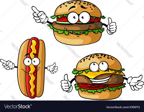 Appetizing Hamburgers And Hot Dog Cartoon Vector Image