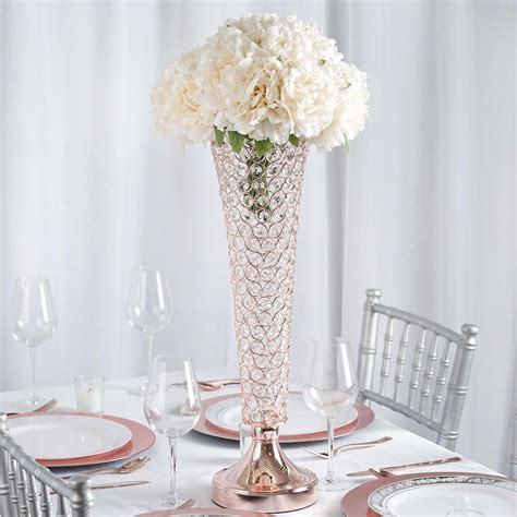 Set Of 2 Tall Beaded Crystals Trumpet Floral Vase Wedding Centerpiece