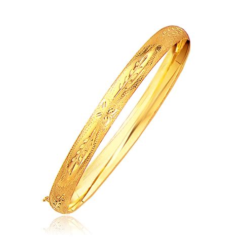 Classic Floral Carved Bangle In 14k Yellow Gold 60mm Gold Bangles