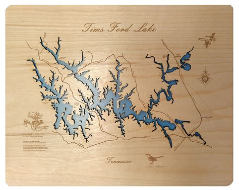 Wood Laser Cut Map Of Tims Ford Lake Tn Topographical Engraved Map