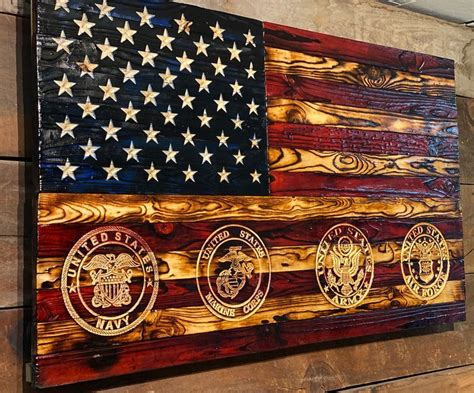 All Military Branches Wooden American Flag Signature Carved In Wooden American Flag