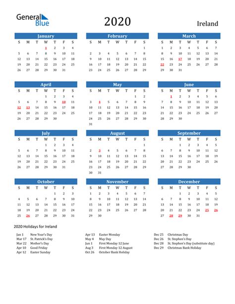 2020 Ireland Calendar With Holidays