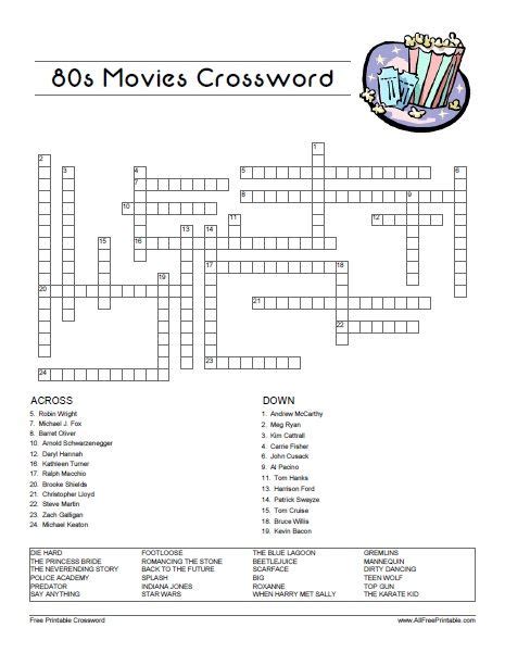 Our collection of free printable crossword puzzles for kids is an easy and fun way for children and students of all ages to become familiar with a subject or just to enjoy themselves. Free Printable 80's Movies Crossword. Looking for fun ...