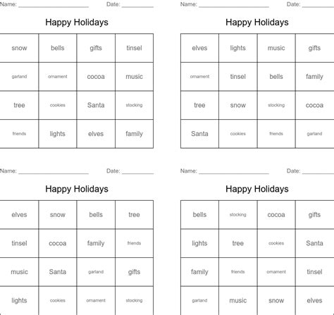 Happy Holidays Bingo Cards Wordmint