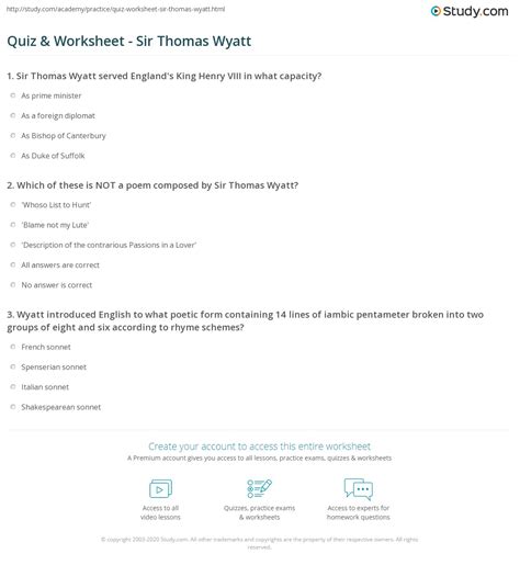 Quiz And Worksheet Sir Thomas Wyatt