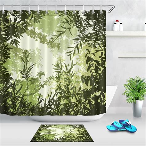 Forest Leaves Shower Curtain With Mat Set Nature Landscape Bathroom