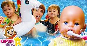 Baby Annabell & baby dolls at the swimming pool. Kids playing toys & family fun video for kids.