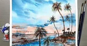 Watercolor Painting - Sunset and Palm Tree of Laguna Beach in California-Healing Sea-Tutotaial