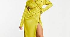 ASOS DESIGN - Vestito camicia avvolgente midi in raso con colletto color giallo senape | ASOS