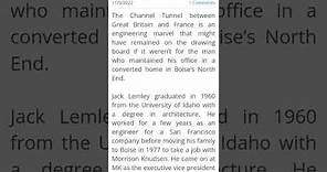 Meet Jack Lemley~1960 Graduate of University of Idaho and World Renowned TUNNEL/CHUNNEL BUILDER!