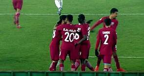 Almoez Ali scores his second goal against Palestine