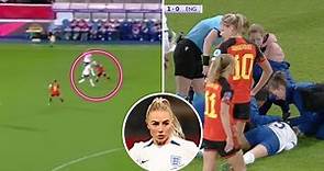New footage shows Alex Greenwood given oxygen and stretchered off after sickening clash of heads