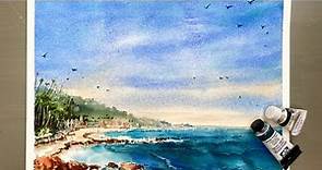 Watercolor Painting - Laguna Beach in California- Cool Summer Sea- Healing- Tutorial Step by Step