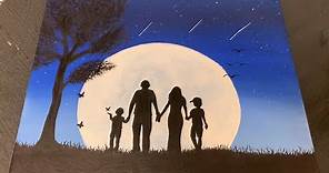 Happy Family walking under a full moon / acrylic painting / painting on canvas / tutorial
