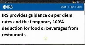 Guidance on per diem rates and the temporary 100% deduction for food or beverages from restaurants