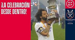 SUPERCOPA | Los jugadores del Real Madrid, con Marcelo al frente, celebran el título logrado