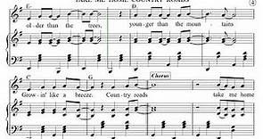 TAKE ME HOME COUNTRY ROADS Piano Sheet Music/Look and Read Ahead/Play & Sing Along/Lyrics/Chords