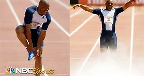Maurice Greene breaks out fire extinguisher after 100m victory in 2004 | NBC Sports