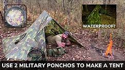 Solo Overnight Using Two Military Ponchos To Make a Tarp Tent in the Rain and Kielbasa Pasta