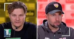 Edin Terzic und Sebastian Hoeneß unterhalten sich, nachdem Stuttgart Dortmund im Pokal besiegt hat