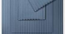 Feather & Stitch Split King Size Damask Bed Sheets|100% Soft Cotton Breathable BedSheet 5 Pc Set 18" Deep Pockets 500 TC Sateen Weave Striped Bedding Mattress Resort Hotel Luxury Decor|Blue