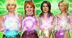 DISNEY PRINCESS MAGIC SUPERPOWERS. (Rapunzel, Elsa, Belle, Tiana, Anna vs Maleficent and Gaston)