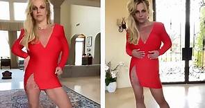 Britney Spears radiates in a leggy red dress with brown heels