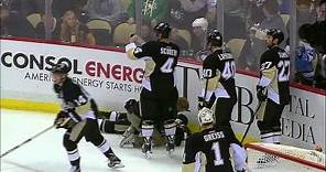 Letang takes scary fall after hit from Doan