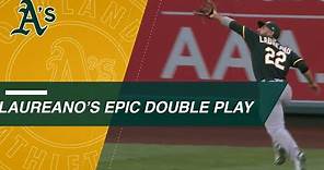Ramon Laureano fires a 321-ft. throw to turn a double play