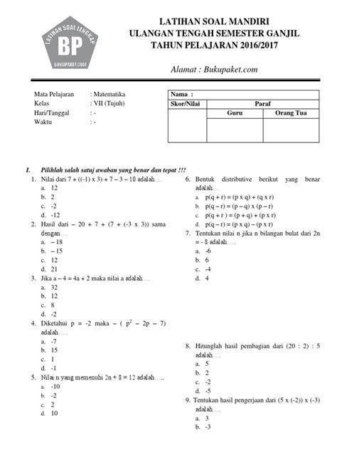 Kunci Jawaban Soal UTS Matematika Kelas 7 Semester 1