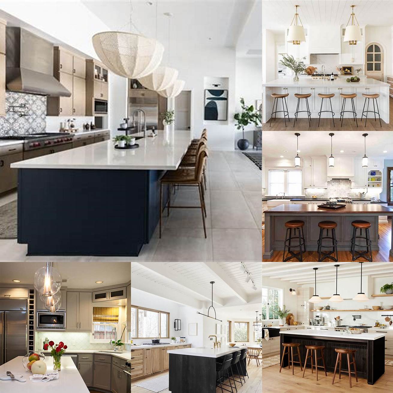 1 A white and bright open concept kitchen with a statement pendant light over the island