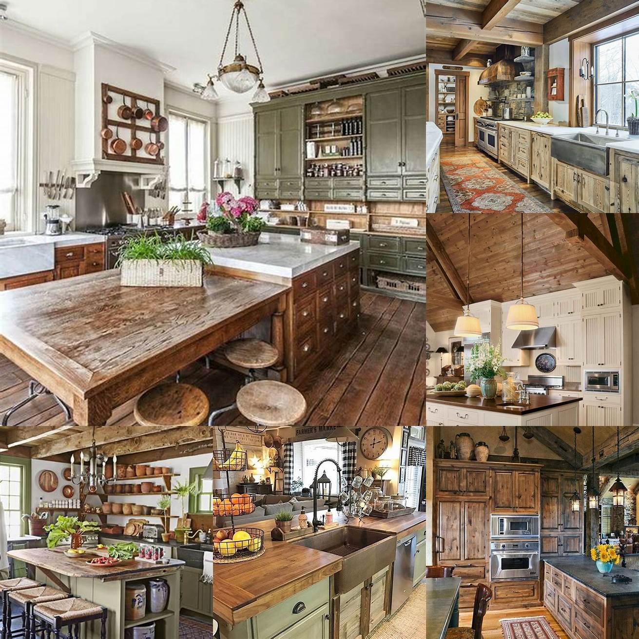 1 Rustic Chic - A charming country kitchen with white cabinets wooden countertops and a vintage-inspired range The exposed brick wall and wooden ceiling beams add warmth and texture