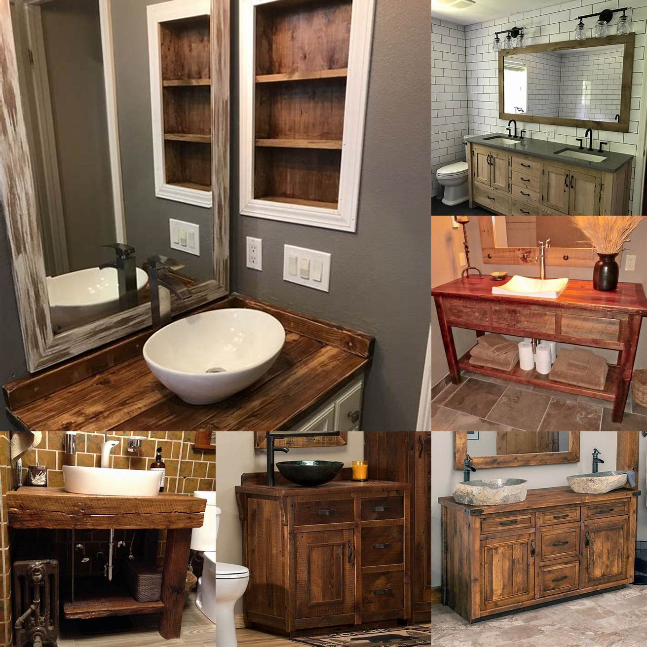 1 Rustic wooden vanity with a stone countertop