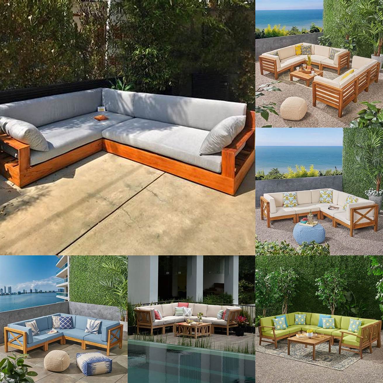1 Teak outdoor furniture sectional deep cushions on a patio