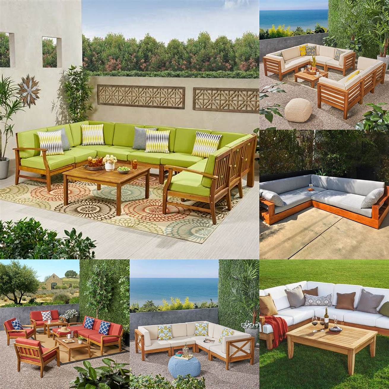 10 Teak outdoor furniture sectional deep cushions in a luxury home