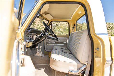 Interior of a classic 1970s Ford pickup truck