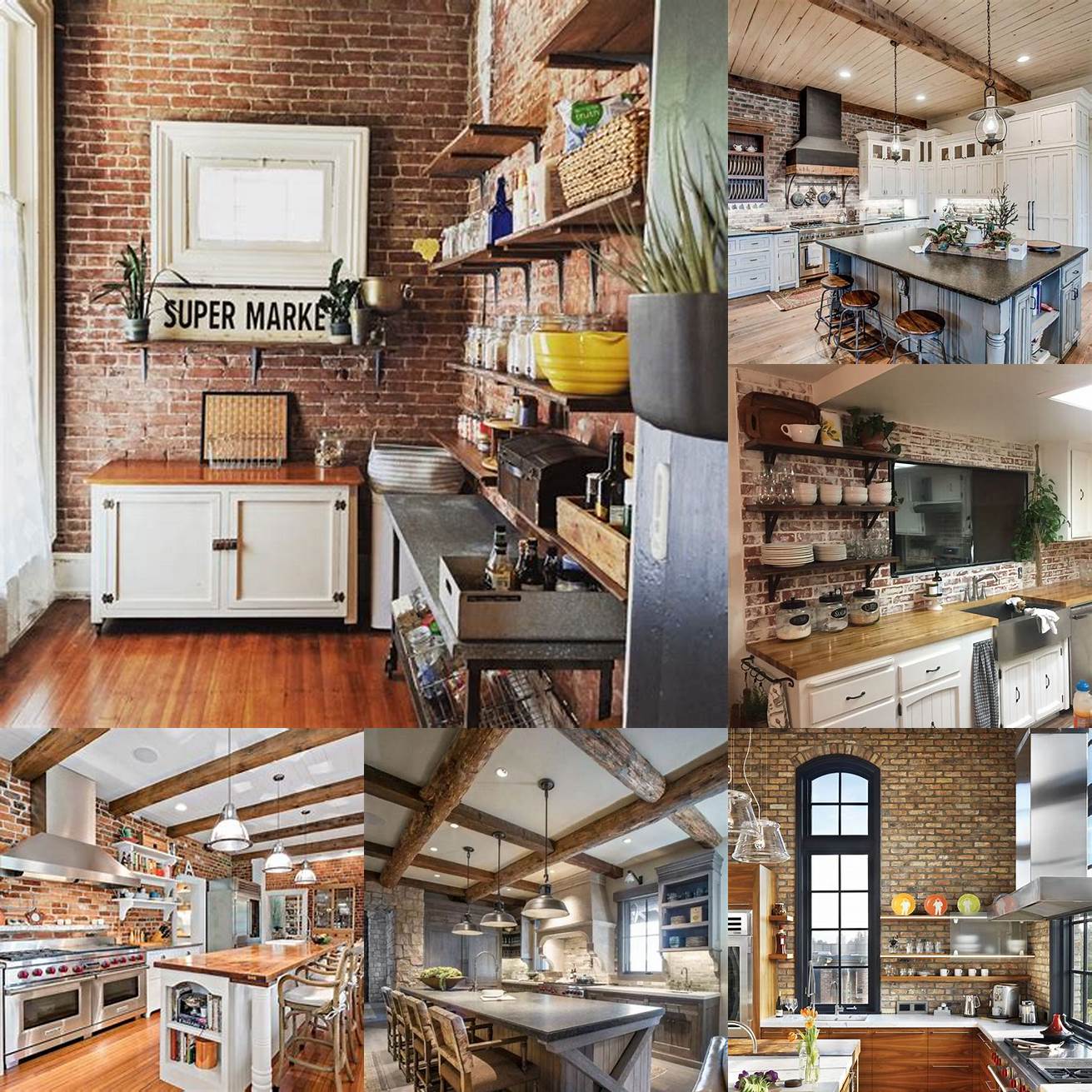 2 A rustic open concept kitchen with exposed brick walls and a farmhouse sink