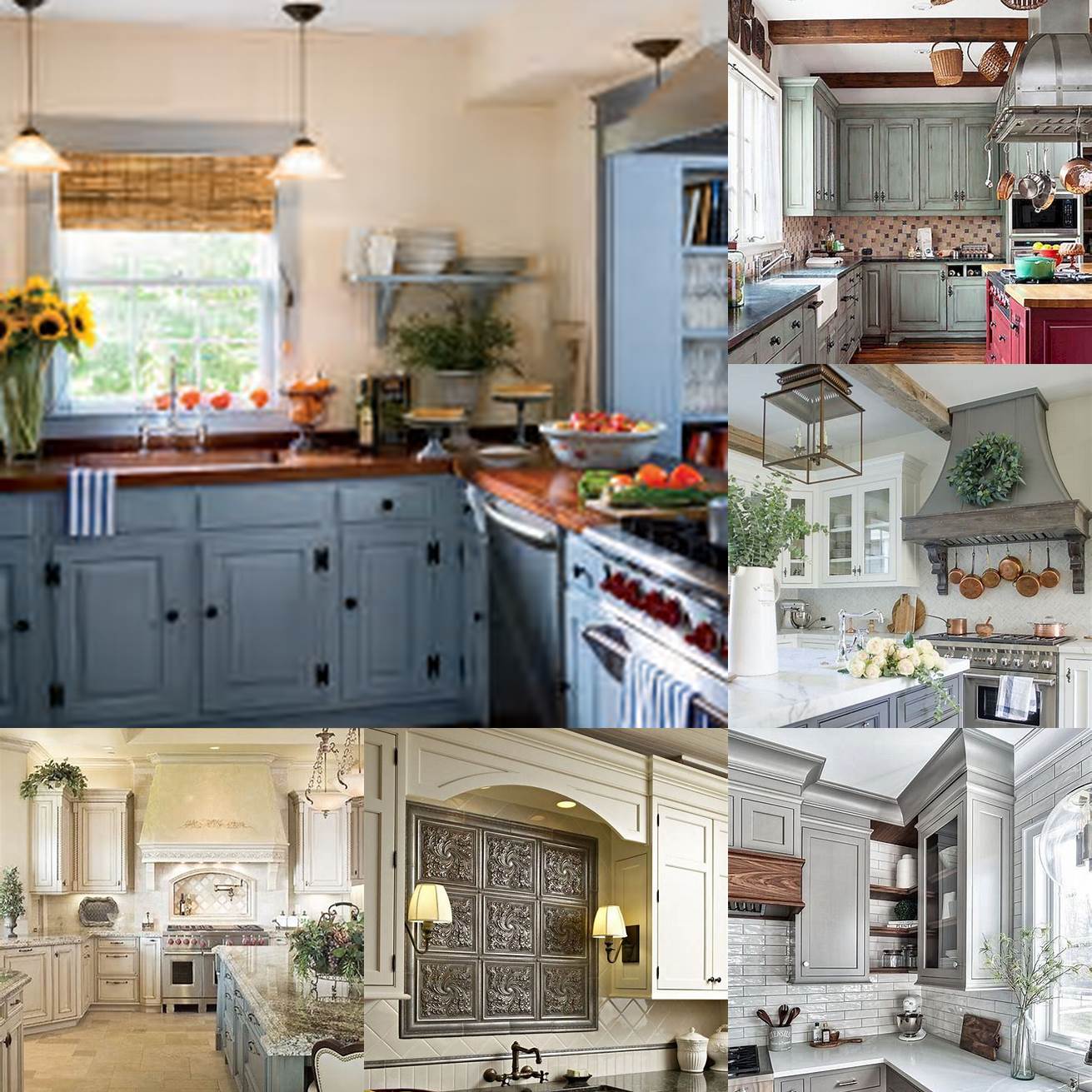 2 French Country - A romantic kitchen with painted cabinets a farmhouse sink and a stone backsplash The wrought iron chandelier and vintage rug add elegance and charm