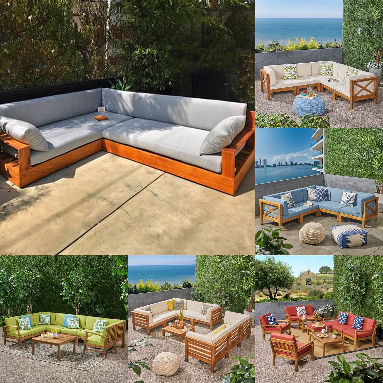 2 Teak outdoor furniture sectional deep cushions in a garden