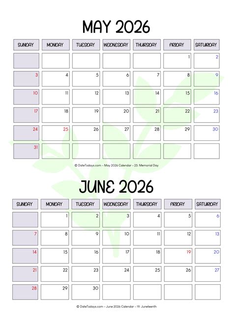 2 Month Printable Calendar Free May And June