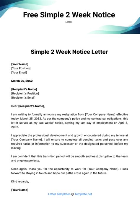 2 Week Notice Letter Template