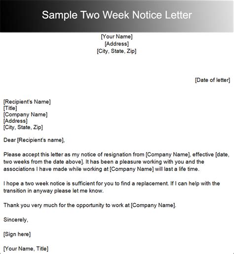 2 Week Notice Letter Template Free